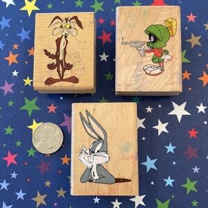Lot of Vintage Looney Tunes Wood Mounted Animal Stamps Bugs Wile E. Marvin